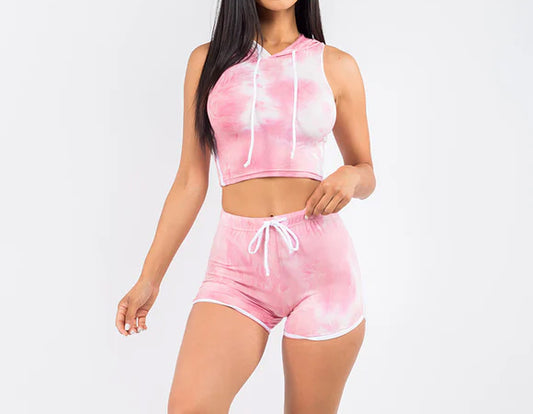 2-Piece Pink Tie Dye Cropped Sleeveless Hoodie & Shorts